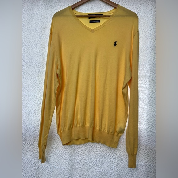 Polo Ralph Lauren V Neck Sweater Size Large Yellow 100% Pima Cotton Preppy Golf - Picture 13 of 13
